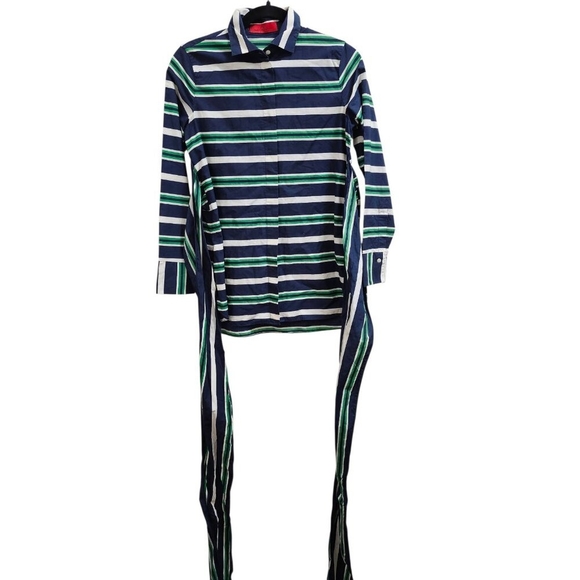 Carolina Herrera Striped Cotton Belted Shirt Dress Top 2 Multicolor Button Down - Picture 4 of 16